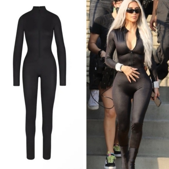 Auth Skims shine stretch black zip up mock neck cat suit NEW Large L - Picture 1 of 4